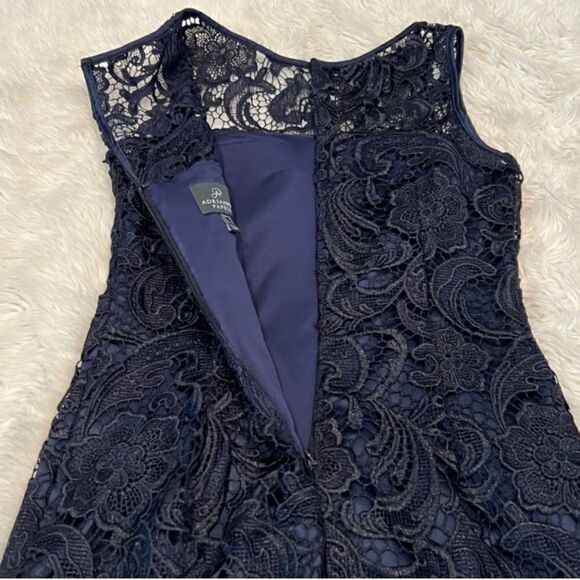 Adrianna Papell Illusion Neckline Navy Lace Sheath Dress - Picture 9 of 12